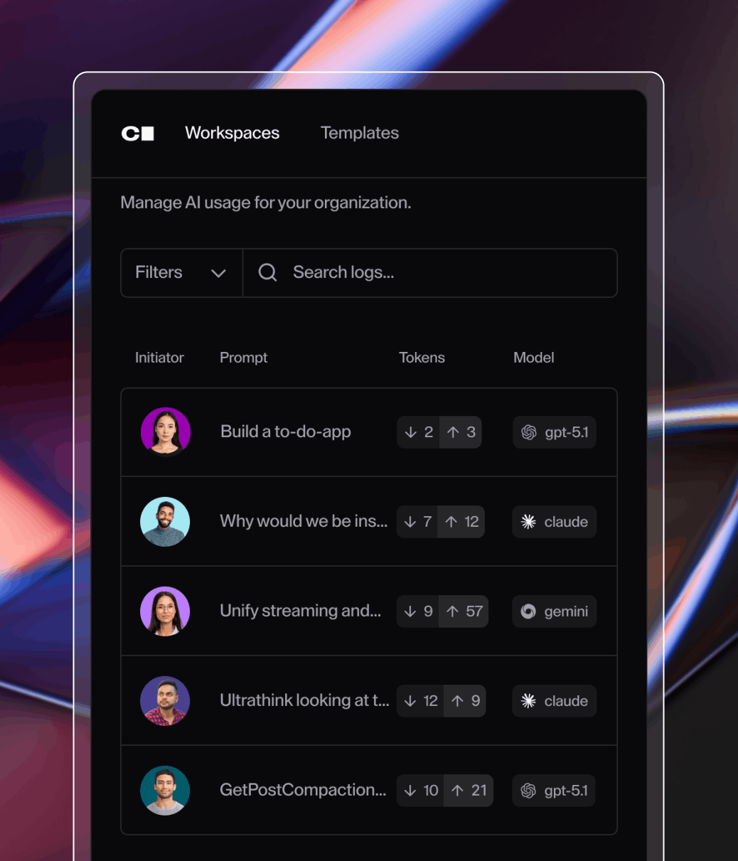 Coder AI Governance UI showing model usage logs and audit trail